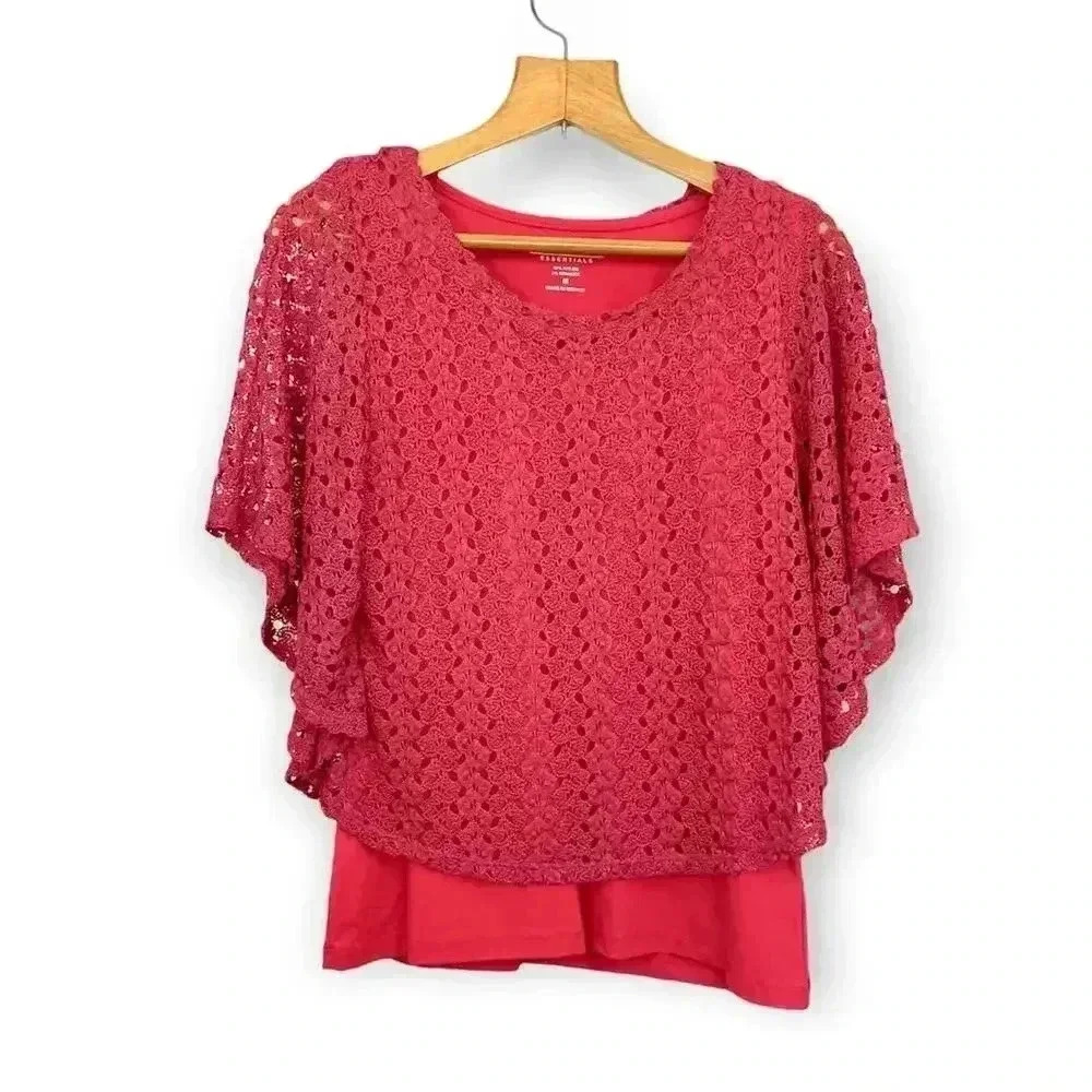 Coral Pink Crochet Top Batwing Sleeves MEDIUM Lined Peck &‎ Peck Women's